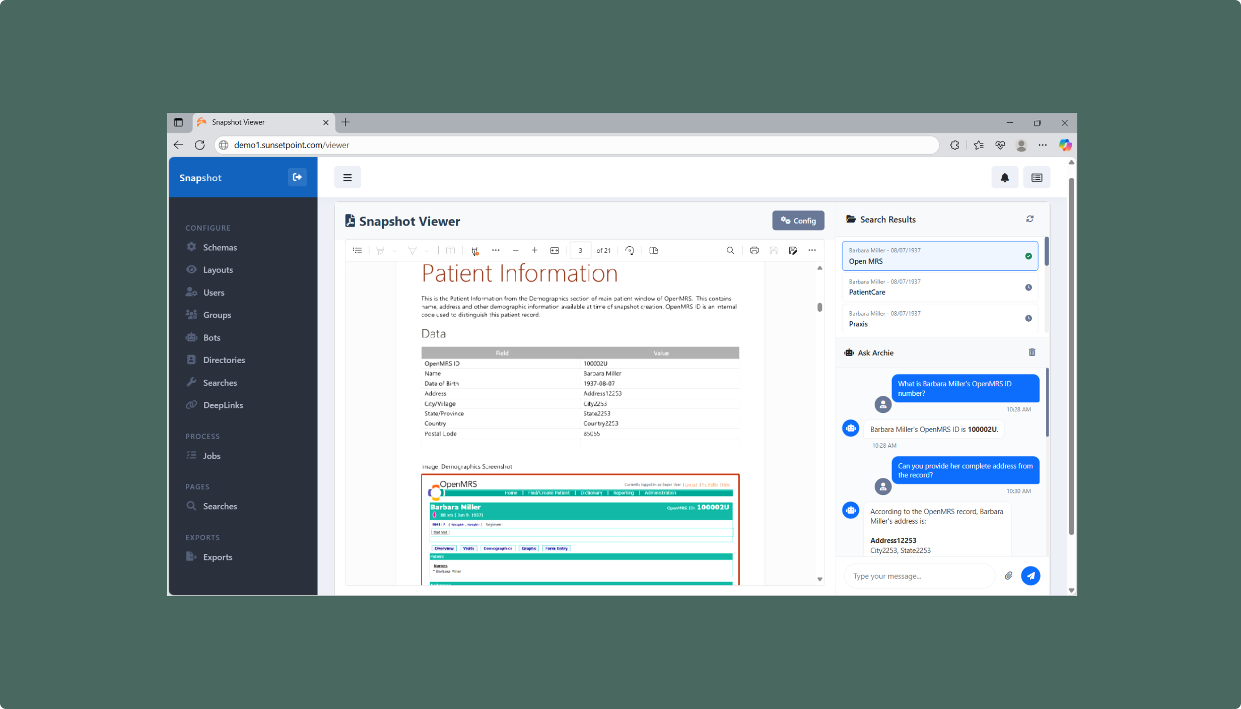 Snapshot viewer sample user interface